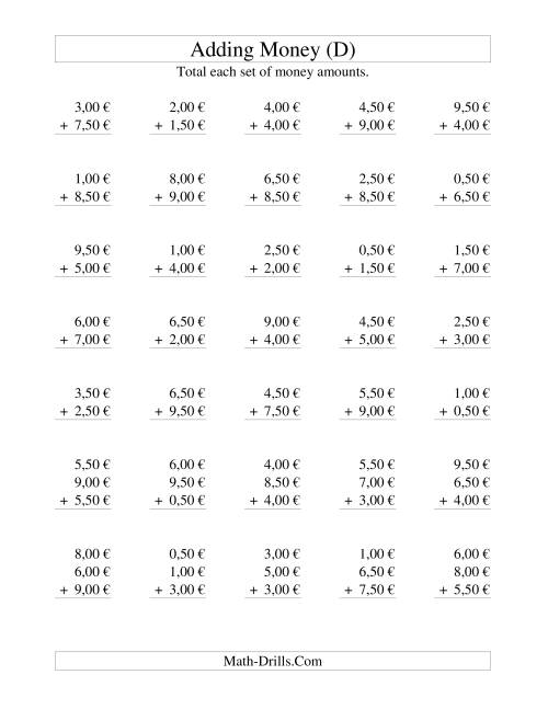 The Adding Euro Money to €10 -- Increments of 50 Euro Cents (D) Math Worksheet