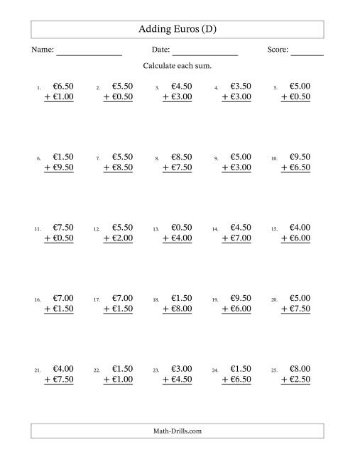 The Adding Euros With Amounts from 0.50 to 9.50 in Increments of Fifty Euro Cents (D) Math Worksheet