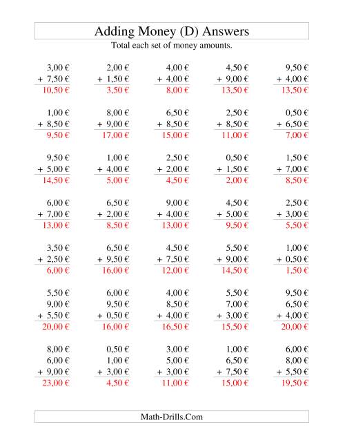 The Adding Euro Money to €10 -- Increments of 50 Euro Cents (D) Math Worksheet Page 2