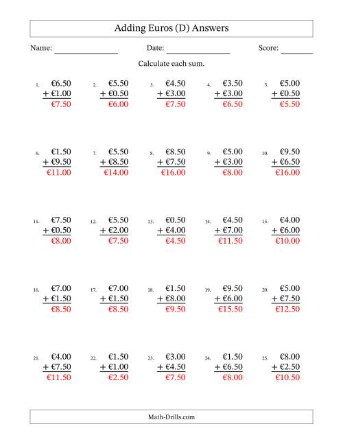 The Adding Euros With Amounts from 0.50 to 9.50 in Increments of Fifty Euro Cents (D) Math Worksheet Page 2