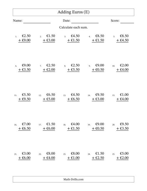 The Adding Euros With Amounts from 0.50 to 9.50 in Increments of Fifty Euro Cents (E) Math Worksheet