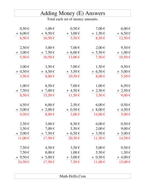 The Adding Euro Money to €10 -- Increments of 50 Euro Cents (E) Math Worksheet Page 2
