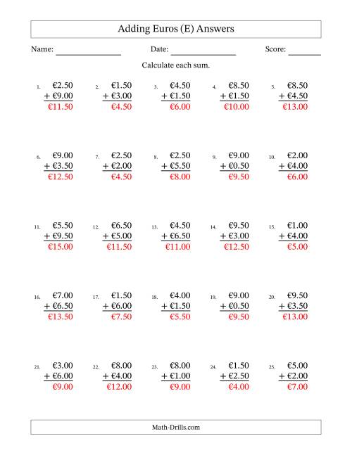 The Adding Euros With Amounts from 0.50 to 9.50 in Increments of Fifty Euro Cents (E) Math Worksheet Page 2