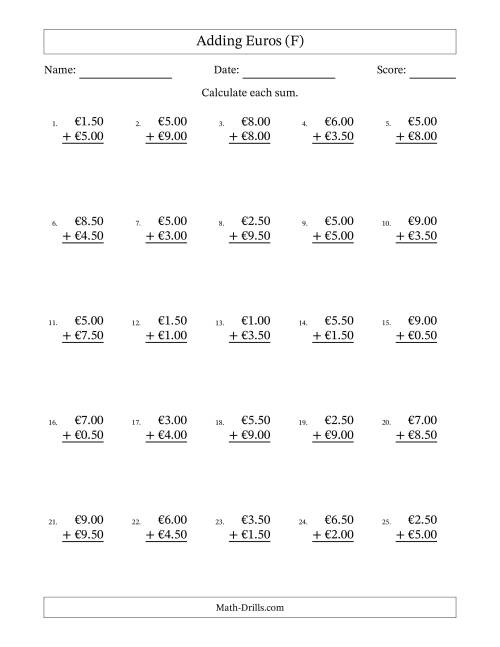 The Adding Euros With Amounts from 0.50 to 9.50 in Increments of Fifty Euro Cents (F) Math Worksheet