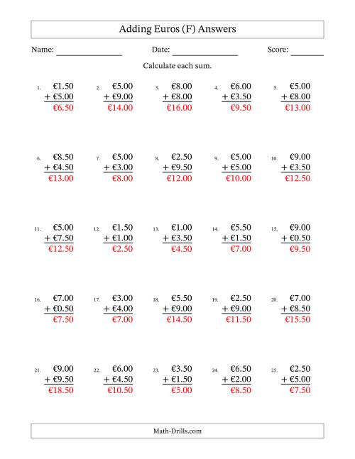 The Adding Euros With Amounts from 0.50 to 9.50 in Increments of Fifty Euro Cents (F) Math Worksheet Page 2