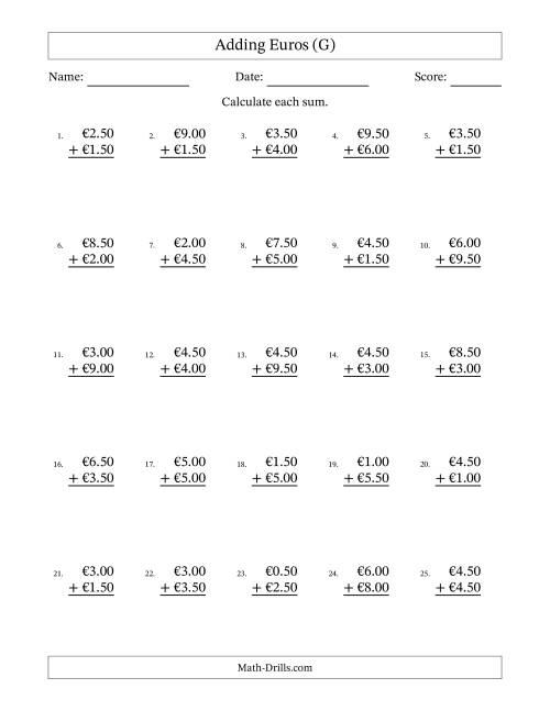 The Adding Euros With Amounts from 0.50 to 9.50 in Increments of Fifty Euro Cents (G) Math Worksheet