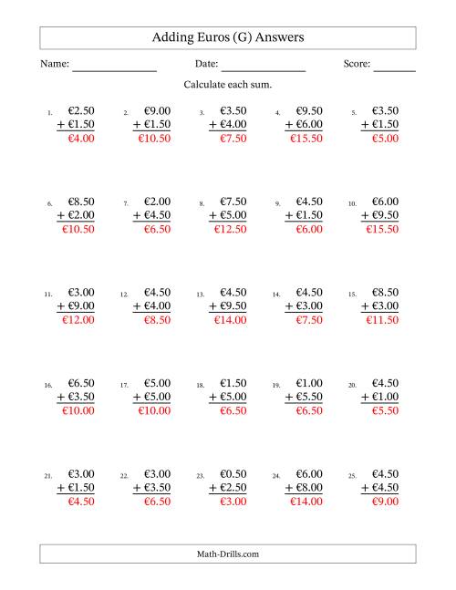 The Adding Euros With Amounts from 0.50 to 9.50 in Increments of Fifty Euro Cents (G) Math Worksheet Page 2