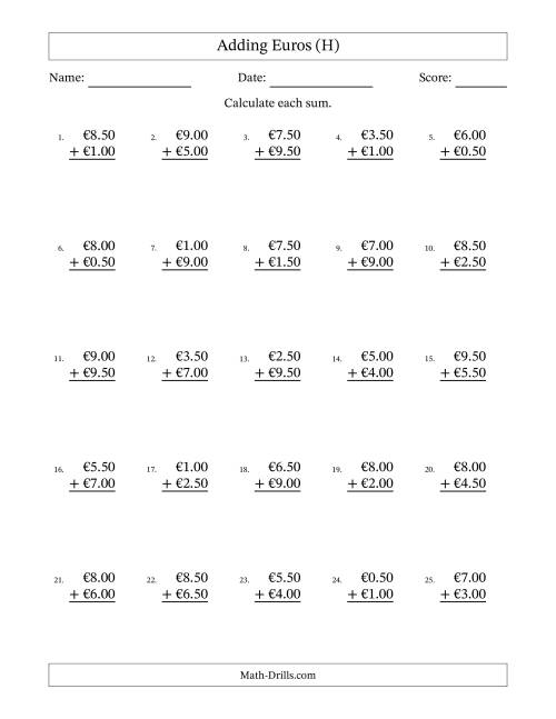 The Adding Euros With Amounts from 0.50 to 9.50 in Increments of Fifty Euro Cents (H) Math Worksheet