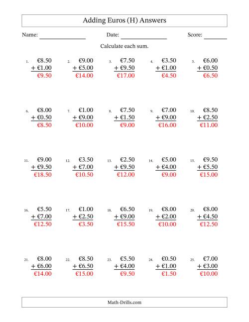 The Adding Euros With Amounts from 0.50 to 9.50 in Increments of Fifty Euro Cents (H) Math Worksheet Page 2