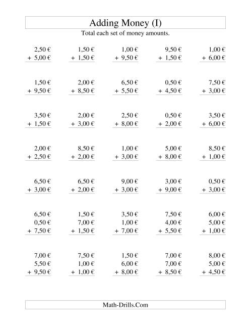 The Adding Euro Money to €10 -- Increments of 50 Euro Cents (I) Math Worksheet
