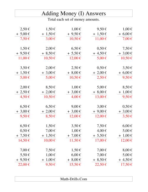 The Adding Euro Money to €10 -- Increments of 50 Euro Cents (I) Math Worksheet Page 2