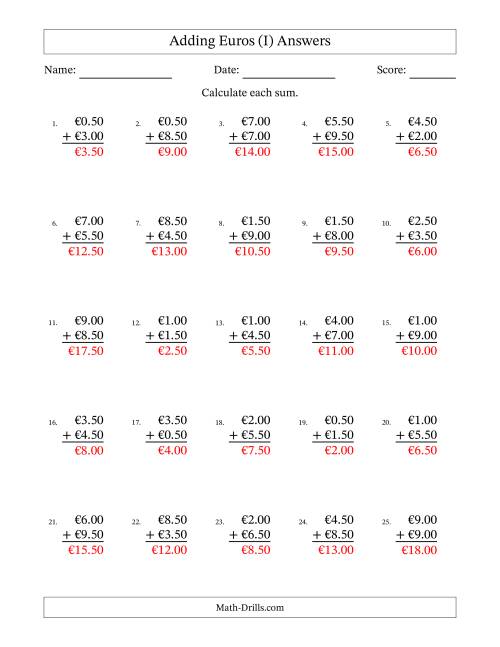 The Adding Euros With Amounts from 0.50 to 9.50 in Increments of Fifty Euro Cents (I) Math Worksheet Page 2