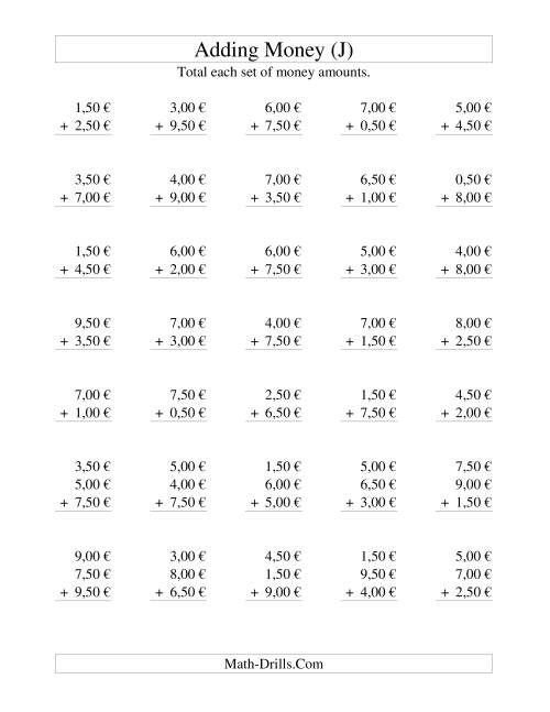 The Adding Euro Money to €10 -- Increments of 50 Euro Cents (J) Math Worksheet