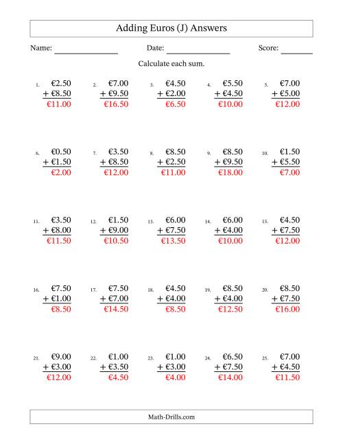 The Adding Euros With Amounts from 0.50 to 9.50 in Increments of Fifty Euro Cents (J) Math Worksheet Page 2