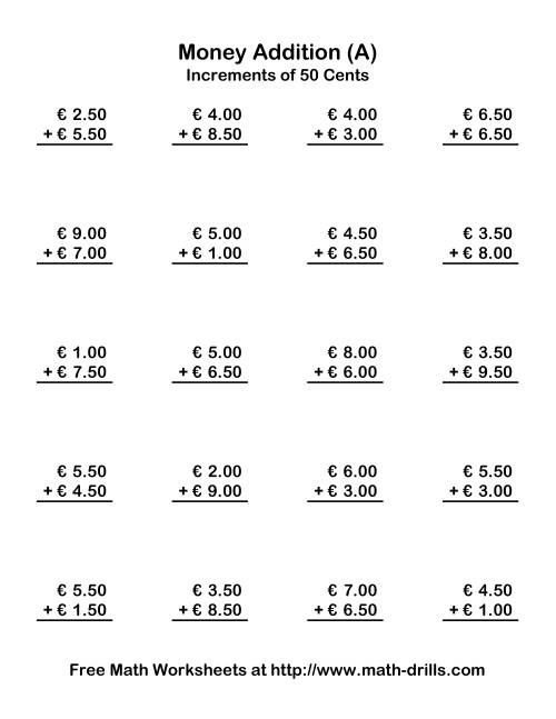 The Adding Euro Money to €10 -- Increments of 50 Euro Cents (Old) Math Worksheet