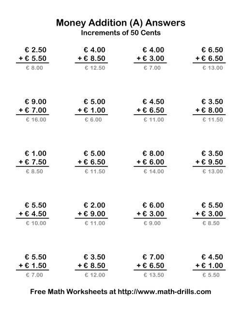 The Adding Euro Money to €10 -- Increments of 50 Euro Cents (Old) Math Worksheet Page 2