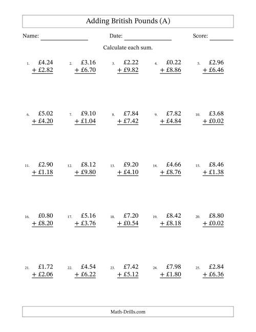 The Adding British Pounds With Amounts from 0.02 to 9.98 in Increments of Two Pence (A) Math Worksheet