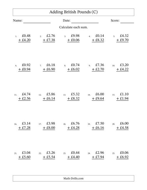 The Adding British Pounds With Amounts from 0.02 to 9.98 in Increments of Two Pence (C) Math Worksheet