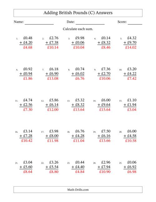 The Adding British Pounds With Amounts from 0.02 to 9.98 in Increments of Two Pence (C) Math Worksheet Page 2