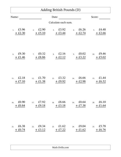 The Adding British Pounds With Amounts from 0.02 to 9.98 in Increments of Two Pence (D) Math Worksheet