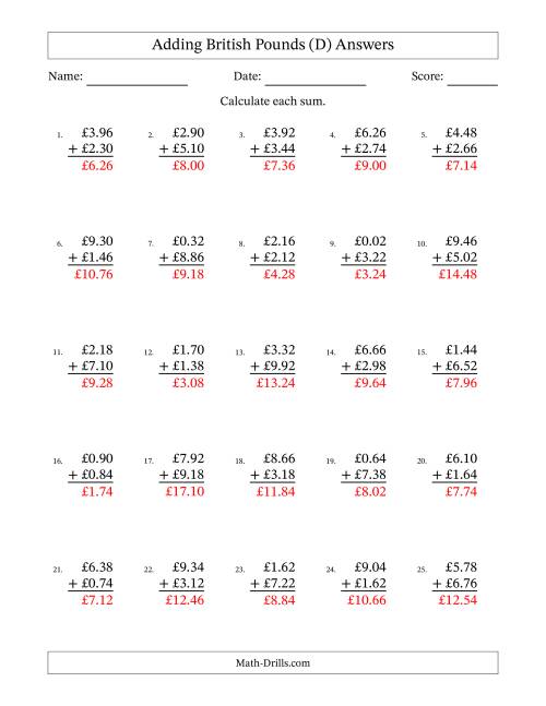 The Adding British Pounds With Amounts from 0.02 to 9.98 in Increments of Two Pence (D) Math Worksheet Page 2