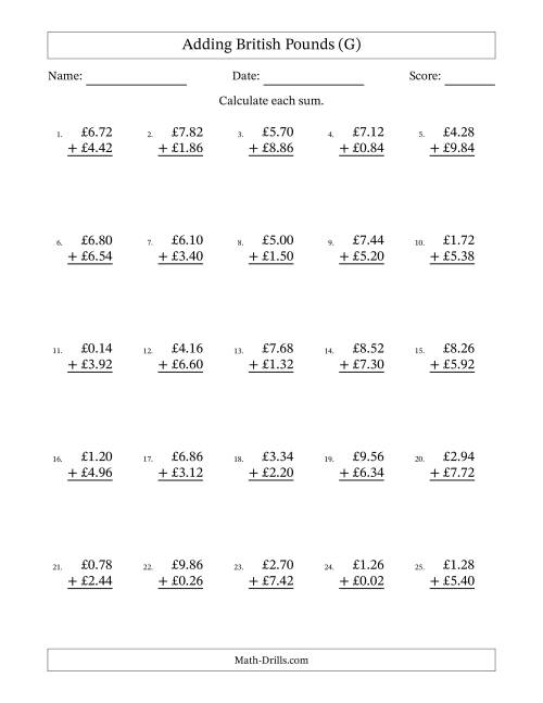 The Adding British Pounds With Amounts from 0.02 to 9.98 in Increments of Two Pence (G) Math Worksheet