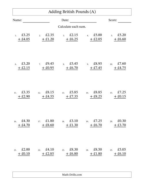 The Adding British Pounds With Amounts from 0.05 to 9.95 in Increments of Five Pence (A) Math Worksheet