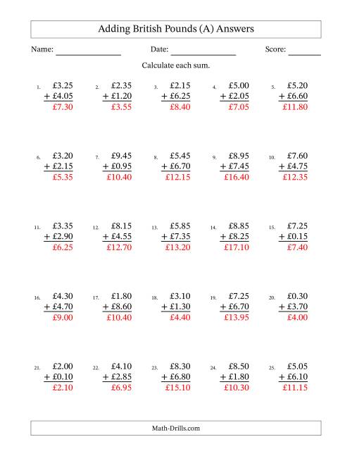 The Adding British Pounds With Amounts from 0.05 to 9.95 in Increments of Five Pence (A) Math Worksheet Page 2