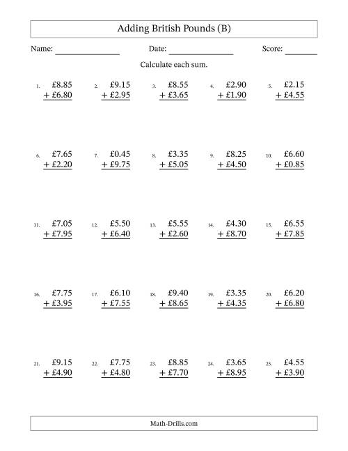 The Adding British Pounds With Amounts from 0.05 to 9.95 in Increments of Five Pence (B) Math Worksheet