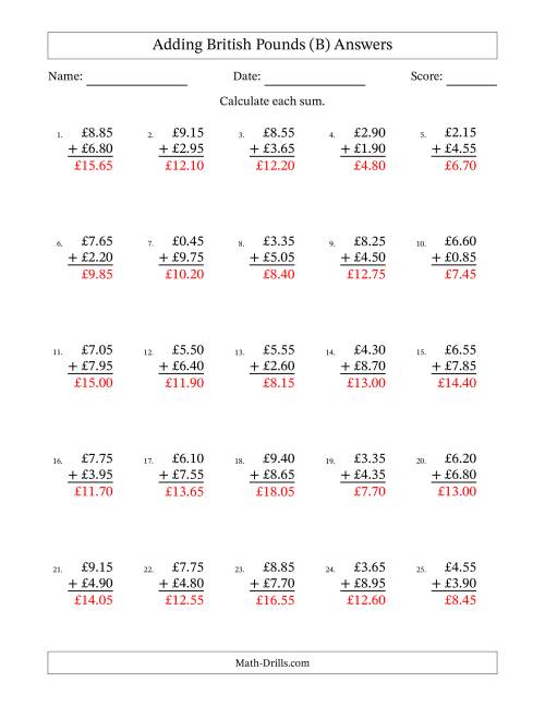 The Adding British Pounds With Amounts from 0.05 to 9.95 in Increments of Five Pence (B) Math Worksheet Page 2