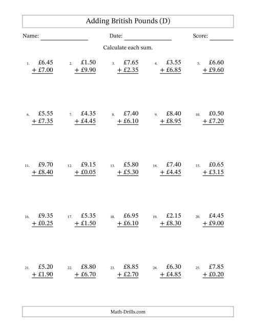 The Adding British Pounds With Amounts from 0.05 to 9.95 in Increments of Five Pence (D) Math Worksheet