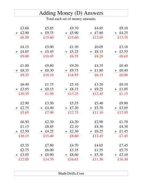 The Adding British Money to £10 -- Increments of 5 Pence (D) Math Worksheet Page 2