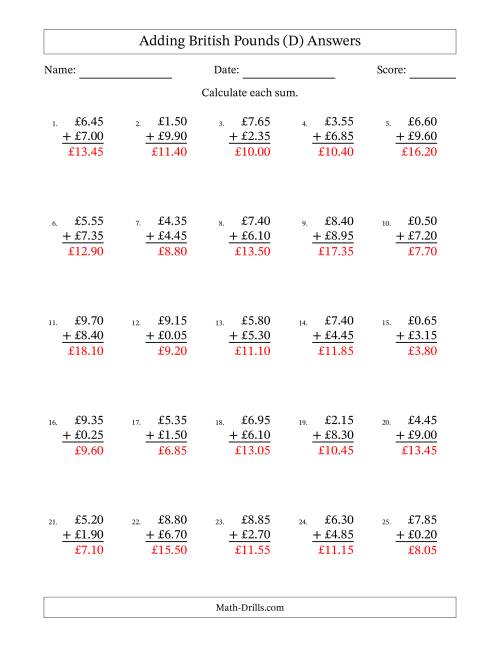 The Adding British Pounds With Amounts from 0.05 to 9.95 in Increments of Five Pence (D) Math Worksheet Page 2