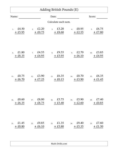 The Adding British Pounds With Amounts from 0.05 to 9.95 in Increments of Five Pence (E) Math Worksheet