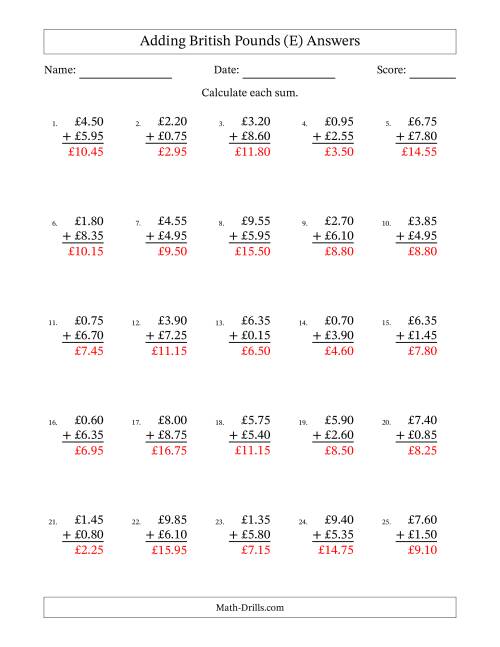 The Adding British Pounds With Amounts from 0.05 to 9.95 in Increments of Five Pence (E) Math Worksheet Page 2