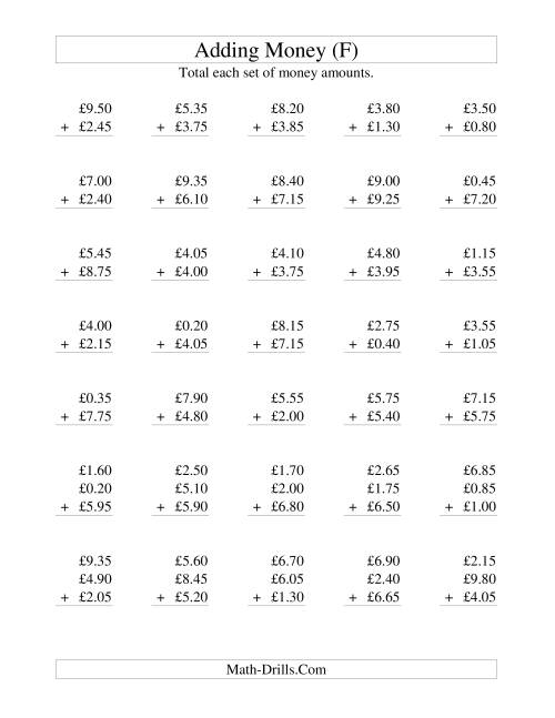 The Adding British Money to £10 -- Increments of 5 Pence (F) Math Worksheet