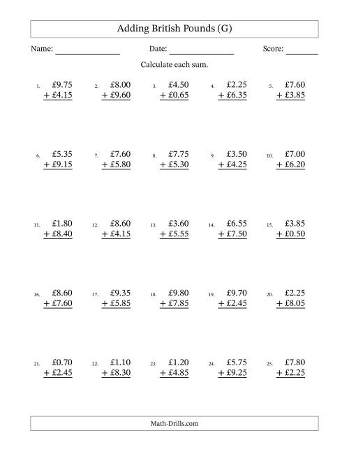 The Adding British Pounds With Amounts from 0.05 to 9.95 in Increments of Five Pence (G) Math Worksheet