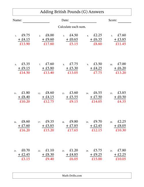 The Adding British Pounds With Amounts from 0.05 to 9.95 in Increments of Five Pence (G) Math Worksheet Page 2