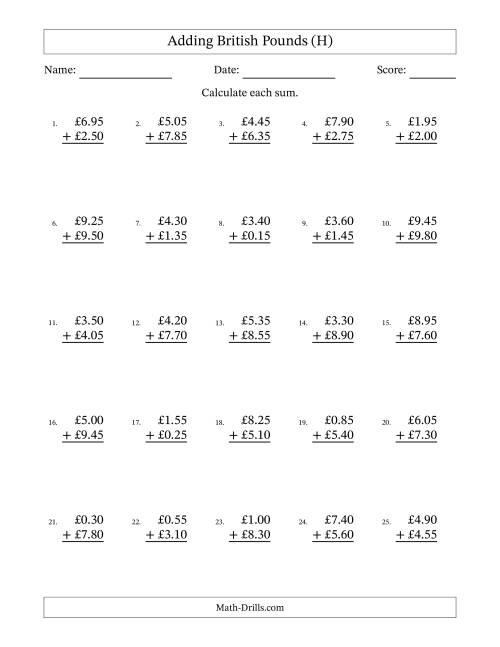 The Adding British Pounds With Amounts from 0.05 to 9.95 in Increments of Five Pence (H) Math Worksheet