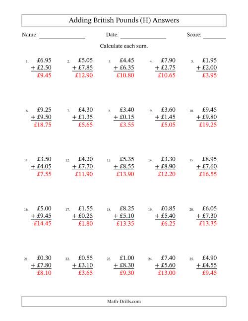 The Adding British Pounds With Amounts from 0.05 to 9.95 in Increments of Five Pence (H) Math Worksheet Page 2