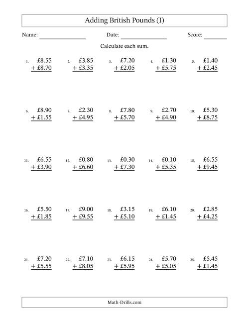 The Adding British Pounds With Amounts from 0.05 to 9.95 in Increments of Five Pence (I) Math Worksheet