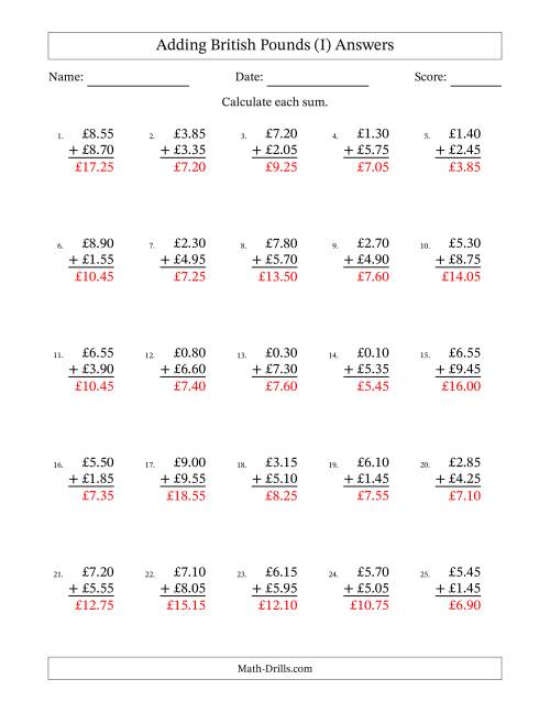 The Adding British Pounds With Amounts from 0.05 to 9.95 in Increments of Five Pence (I) Math Worksheet Page 2