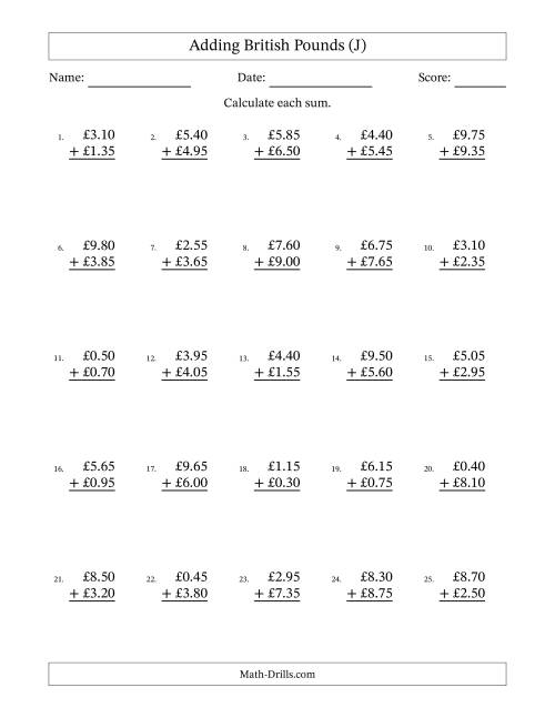 The Adding British Pounds With Amounts from 0.05 to 9.95 in Increments of Five Pence (J) Math Worksheet