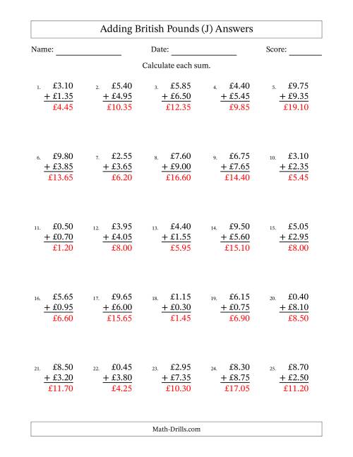 The Adding British Pounds With Amounts from 0.05 to 9.95 in Increments of Five Pence (J) Math Worksheet Page 2