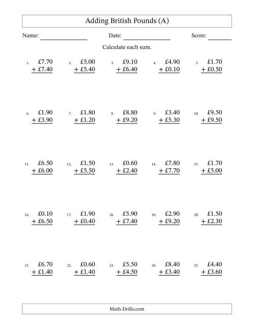 The Adding British Pounds With Amounts from 0.10 to 9.90 in Increments of Ten Pence (A) Math Worksheet