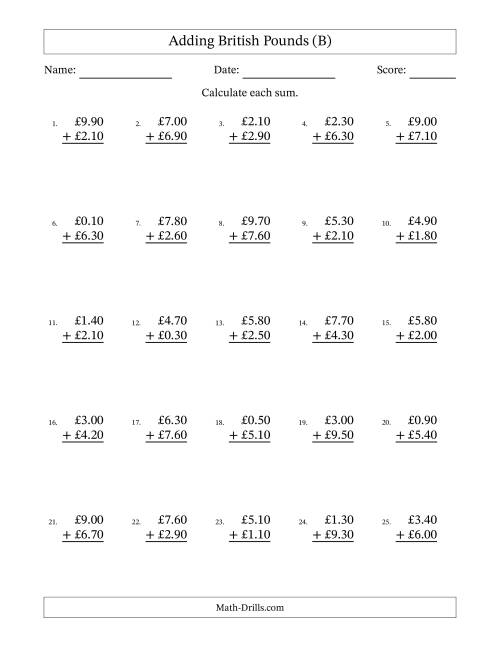 The Adding British Pounds With Amounts from 0.10 to 9.90 in Increments of Ten Pence (B) Math Worksheet