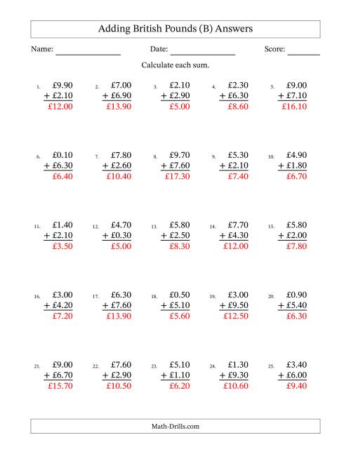 The Adding British Pounds With Amounts from 0.10 to 9.90 in Increments of Ten Pence (B) Math Worksheet Page 2