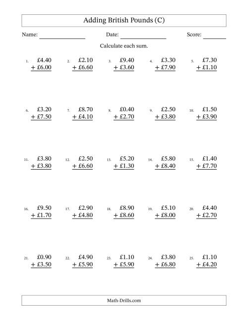 The Adding British Pounds With Amounts from 0.10 to 9.90 in Increments of Ten Pence (C) Math Worksheet