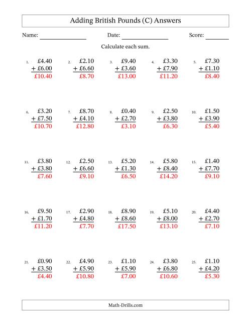 The Adding British Pounds With Amounts from 0.10 to 9.90 in Increments of Ten Pence (C) Math Worksheet Page 2