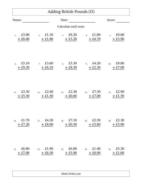 The Adding British Pounds With Amounts from 0.10 to 9.90 in Increments of Ten Pence (D) Math Worksheet